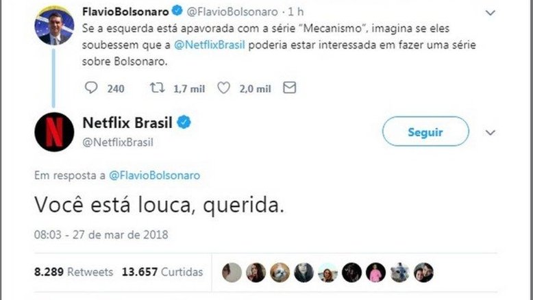 'Você está louca, querida', diz Netflix a Flávio Bolsonaro no Twitter