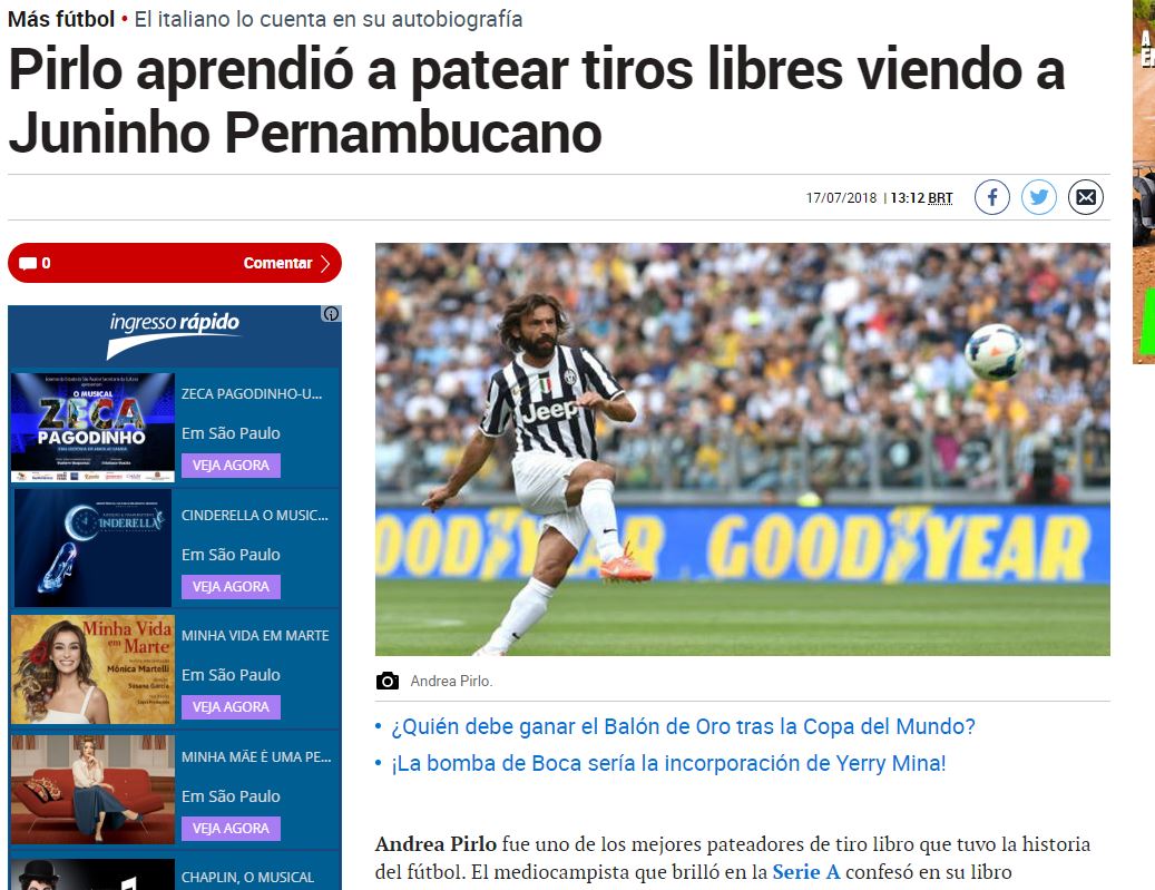 Andrea Pirlo e sua obsessão pelo chute de Juninho Pernambucano - CONMEBOL