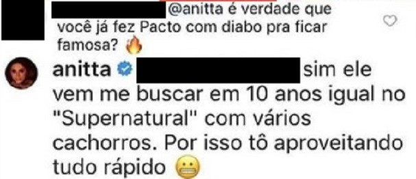 Com bom humor, Anitta responde fã sobre "pacto com o diabo" 4 Com bom humor, Anitta responde fã sobre "pacto com o diabo"