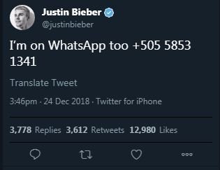Será? Justin Bieber divulga número do próprio Whatsapp em rede social