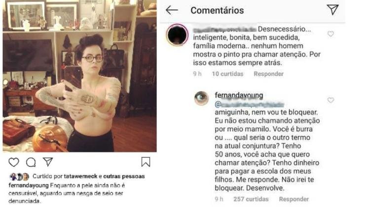 Criticada por topless, Fernanda Young rebate seguidora: "É burra?" 4 Criticada por topless, Fernanda Young rebate seguidora: "É burra?"