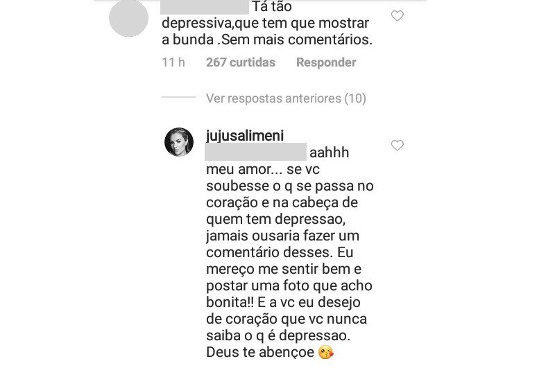 Juju Salimeni posa seminua e rebate seguidor que ironizou sua depressão