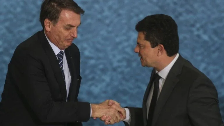 O presidente Jair Bolsonaro e o ministro da Justiça e Segurança Pública, Sergio Moro, participam do lançamento da campanha publicitária do Projeto Anticrime, do governo federal