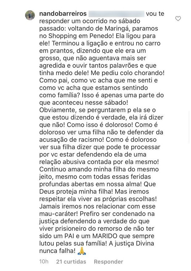 Pai de Duda Reis diz que ela pediu ajuda aos prantos: "Disse que tinha medo dele"