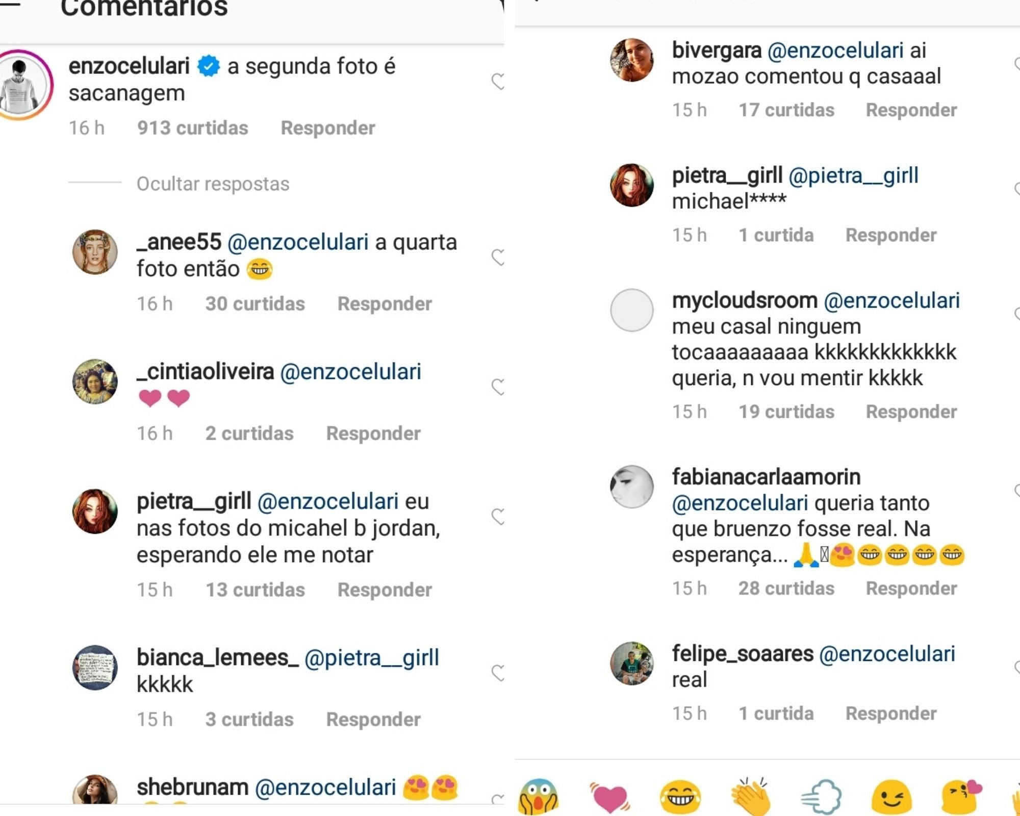 Enzo Celulari comenta em foto de Marquezine e fãs brincam: "Que casal"
