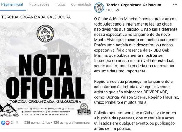 Organizada do Atlético-MG divulga nota de repúdio contra ex-BBB Gabi Martins