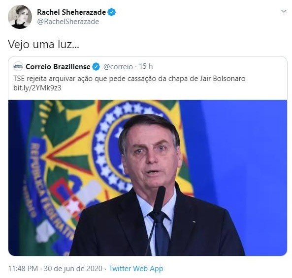 Rachel Sheherazade celebra decisão que pede a cassação da chapa de Bolsonaro: "Uma luz" 4 Rachel Sheherazade celebra decisão que pede a cassação da chapa de Bolsonaro: "Uma luz"
