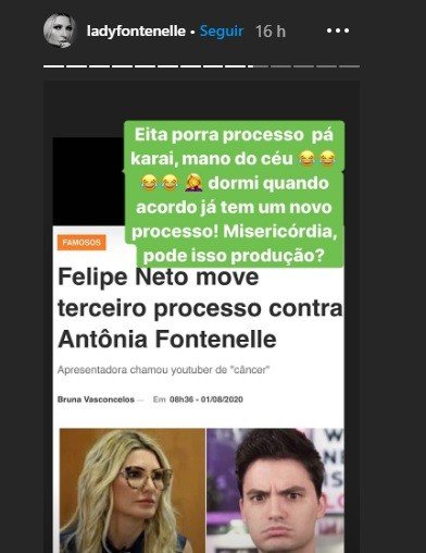 Antonia Fontenelle sobre levar terceiro processo de Felipe Neto: "Misericórdia"