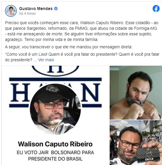Humorista Gustavo Mendes recebe ameaça de morte de bolsonarista: "Temo por minha vida" 4 Humorista Gustavo Mendes recebe ameaça de morte de bolsonarista: "Temo por minha vida"