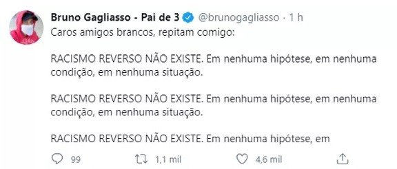 Bruno Gagliasso sobre racismo reverso: "Amigos brancos, repitam: não existe"