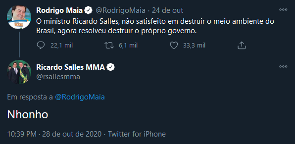 Em resposta a crítica, Ricardo Salles chama Rodrigo Maia de 'Nhonho' no Twitter 4 Em resposta a crítica, Ricardo Salles chama Rodrigo Maia de 'Nhonho' no Twitter