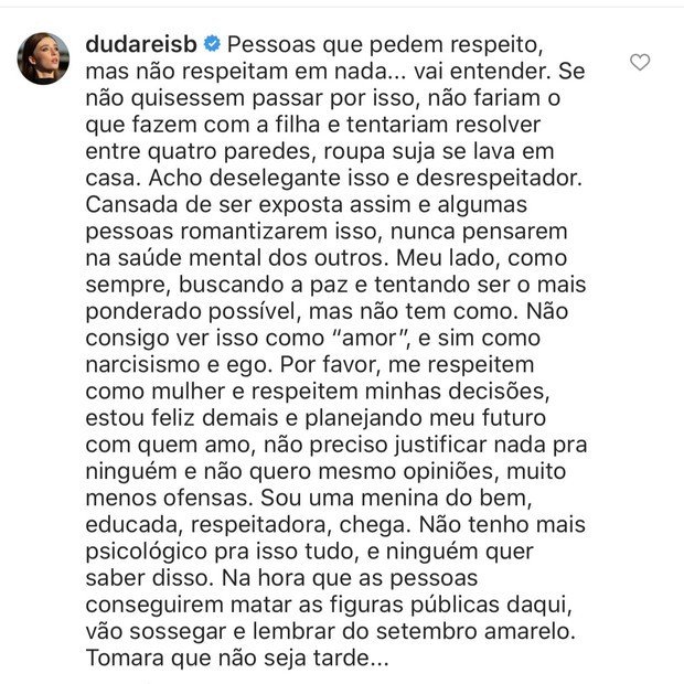 Duda Reis rebate críticas de sua família ao seu namoro com Nego: “Não é amor”
