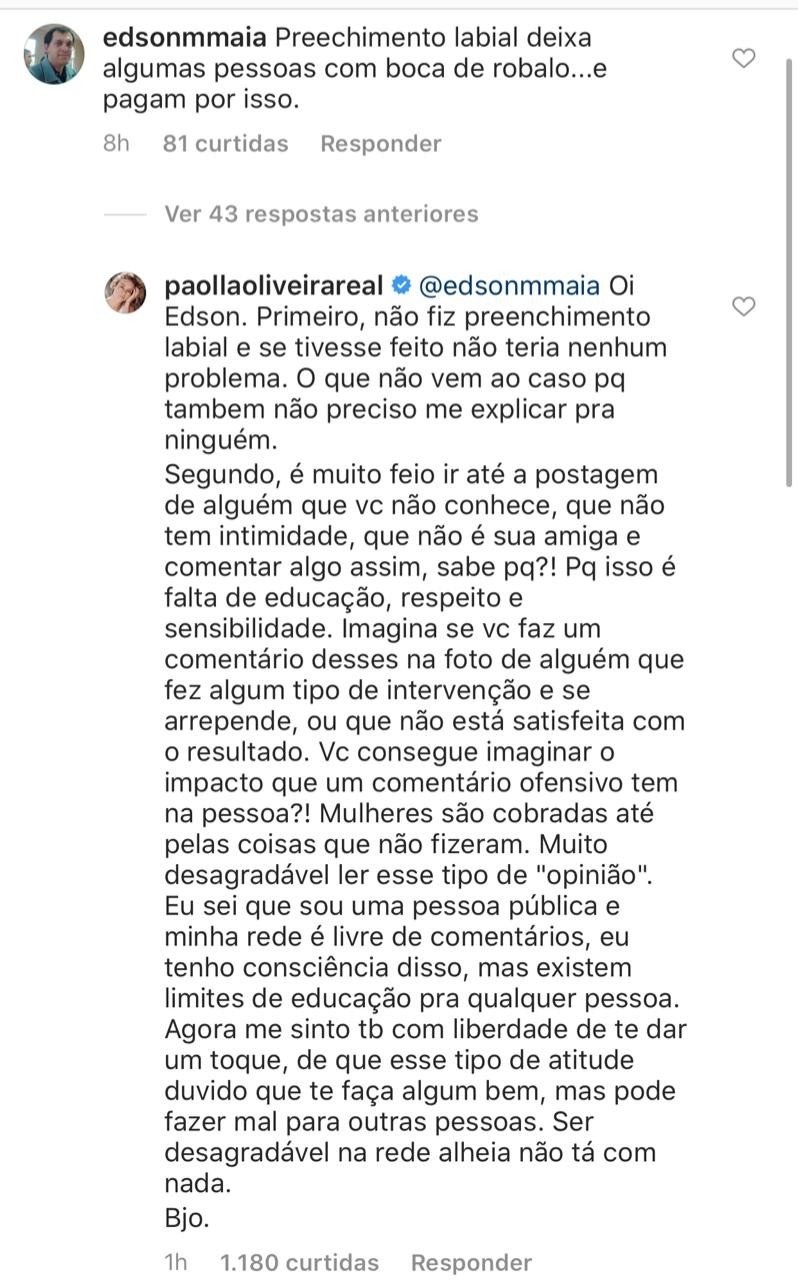 Paolla Oliveira dá bronca em seguidor que criticou seus lábios: “Falta de educação” 4 Paolla Oliveira dá bronca em seguidor que criticou seus lábios: “Falta de educação”