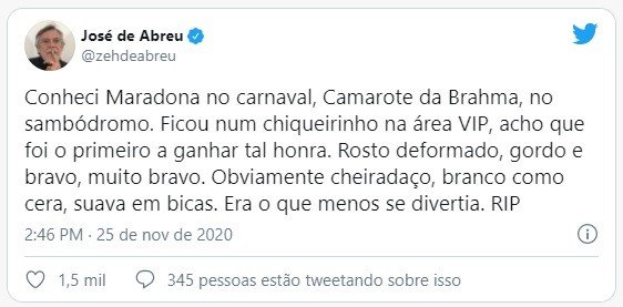 José de Abreu é criticado na web após expor Maradona: "Cheiradaço, gordo e bravo"