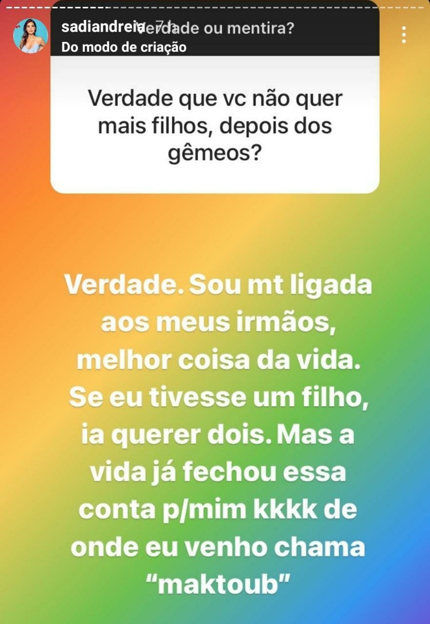 Andréia Sadi diz que irá ‘fechar a fábrica’ após gêmeos com Rizek