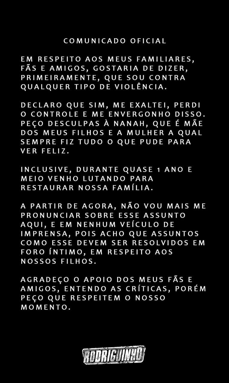 Rodriguinho reconhece que “perdeu o controle” com ex-mulher