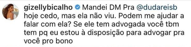 Gizelly Bicalho para Duda Reis: "Estou à disposição de advogar para você" 4 Gizelly Bicalho para Duda Reis: "Estou à disposição de advogar para você"