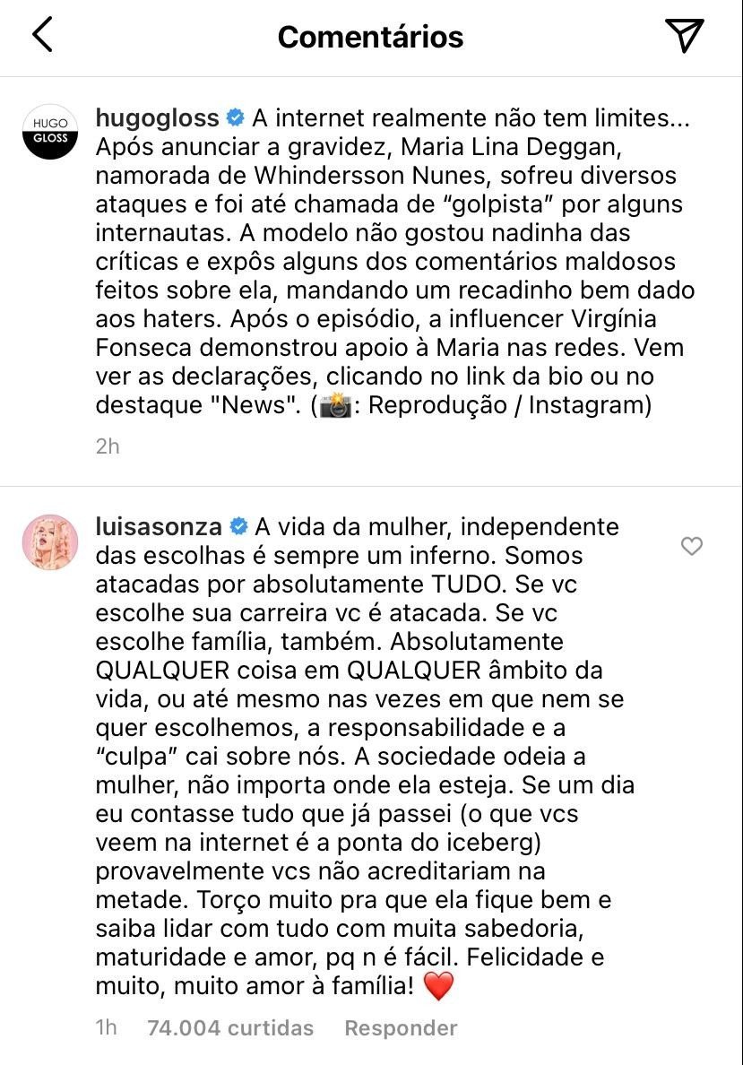 Luísa Sonza sai em defesa de namorada de Whindersson após anúncio de gravidez 4 Luísa Sonza sai em defesa de namorada de Whindersson após anúncio de gravidez