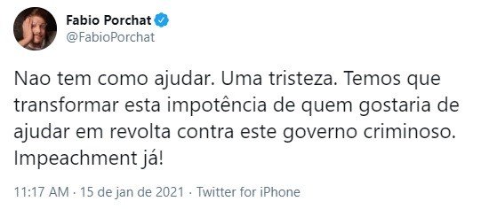 Após Gagliasso, Fábio Porchat também pede o impeachment de Bolsonaro: "Criminoso" 4 Após Gagliasso, Fábio Porchat também pede o impeachment de Bolsonaro: "Criminoso"