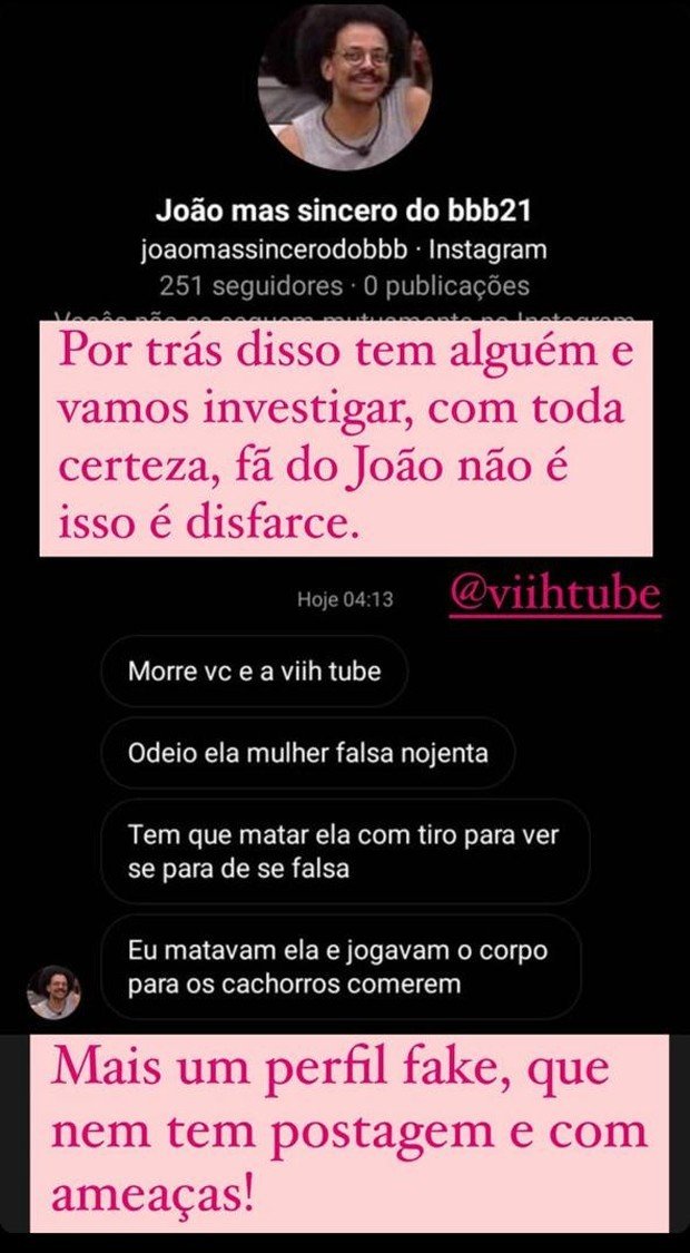 BBB21: Mãe de Viih Tube mostra mensagem com ameaça de morte