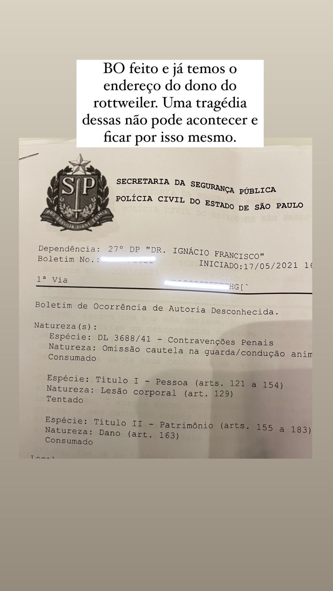 Jonas faz boletim de ocorrência após cachorro ser morto por rottweiler