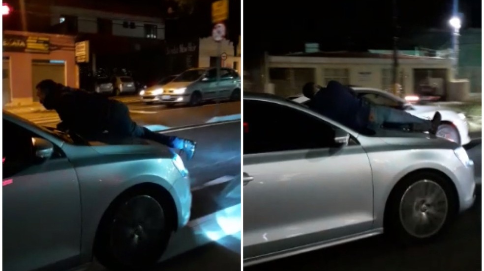 Vídeo: Homem é flagrado no capô de carro em movimento em avenida de São Paulo