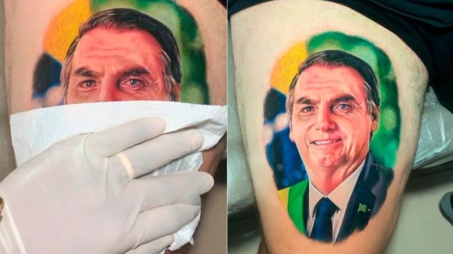 Homem tatua rosto de Jair Bolsonaro na coxa; assista