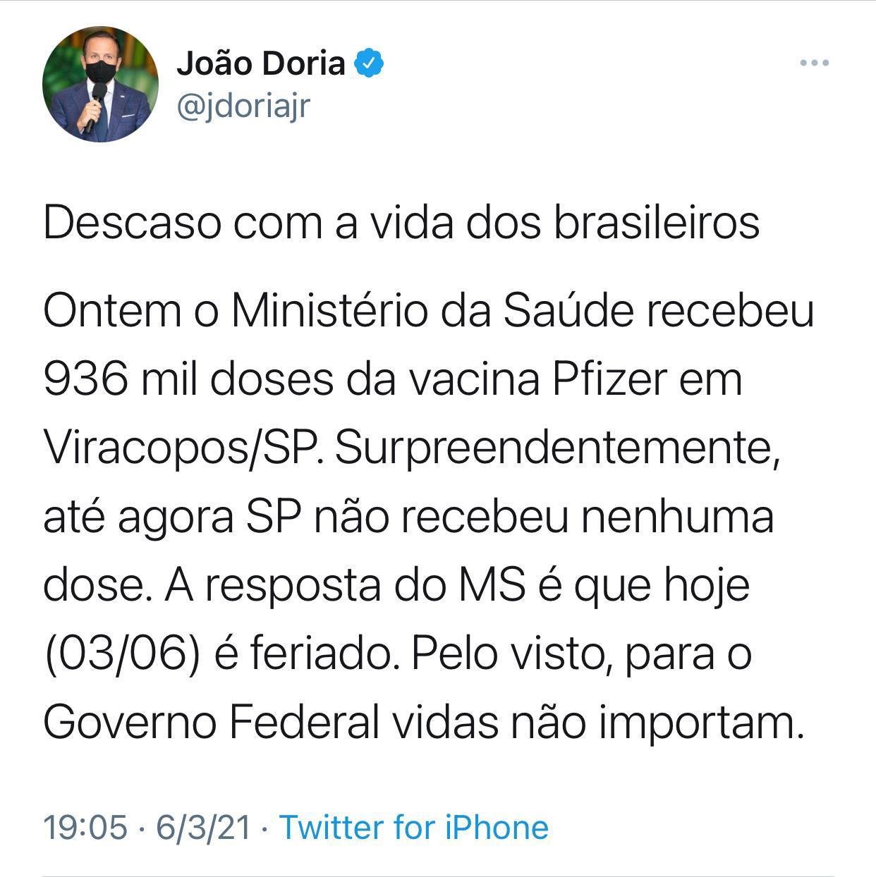‘Descaso com a vida dos brasileiros’, denuncia Doria sobre distribuição de vacinas pelo governo federal 4 ‘Descaso com a vida dos brasileiros’, denuncia Doria sobre distribuição de vacinas pelo governo federal