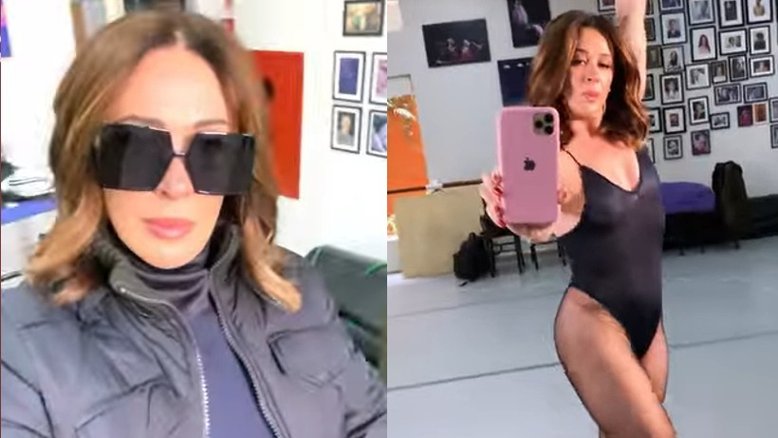 Claudia Raia grava vídeo trocando de roupa e surpreende com collant justíssimo