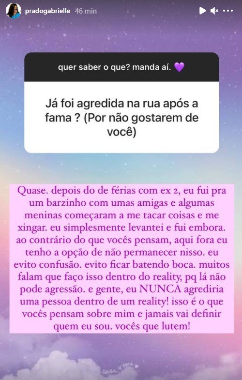 Gabi Prado diz que foi xingada em bar: 'Simplesmente levantei e fui embora'