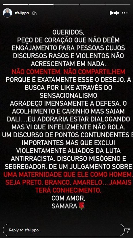 Seguidores criticam Samara Felippo após atriz denunciar caso de racismo com a filha 7 Seguidores criticam Samara Felippo após atriz denunciar caso de racismo com a filha