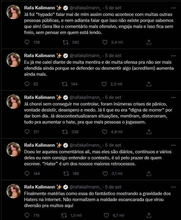 Após matéria no 'Fantástico', Rafa Kalimann pede que internautas não normalizem 'maldade escancarada' 4 Após matéria no 'Fantástico', Rafa Kalimann pede que internautas não normalizem 'maldade escancarada'