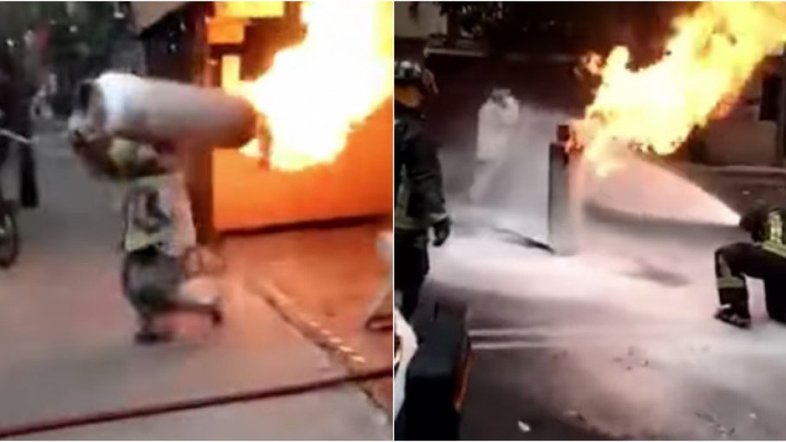 Vídeo: Bombeiro 'herói' retira botijão de gás pegando fogo de um restaurante
