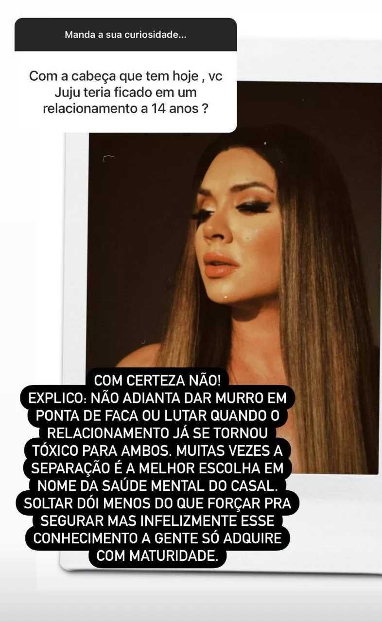 Juju Salimeni responde fãs sobre fim de relacionamento: 'Muitas vezes a separação é a melhor escolha' 4 Juju Salimeni responde fãs sobre fim de relacionamento: 'Muitas vezes a separação é a melhor escolha'