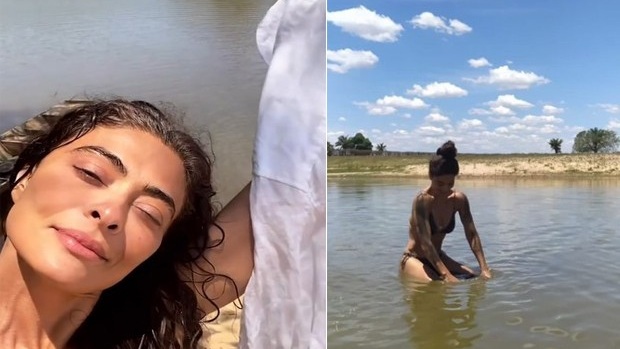 Juliana Paes se refresca com banho de rio em pausa nas gravações de ‘Pantanal‘