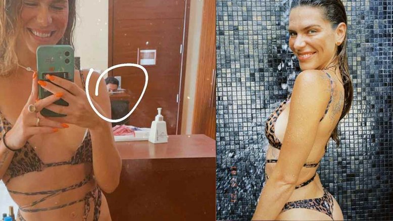 Sob olhar de Cauã Reymond nas Maldivas, Mari Goldfarb posa com biquíni de oncinha