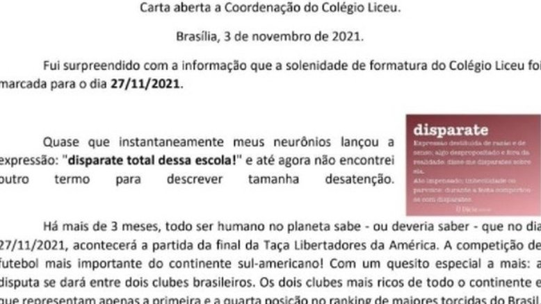 Pai viraliza com carta para colégio sobre formatura no dia da final da Libertadores