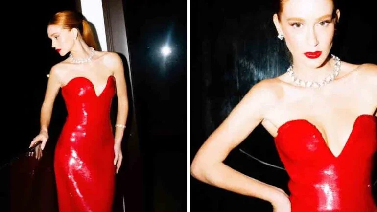 Marina Ruy Barbosa encanta com vestido vermelho em jantar de gala