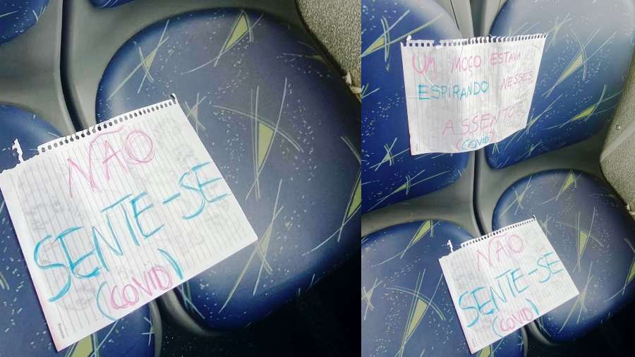 Passageiro deixa bilhetes em banco de ônibus: 'Não sente-se. Covid'
