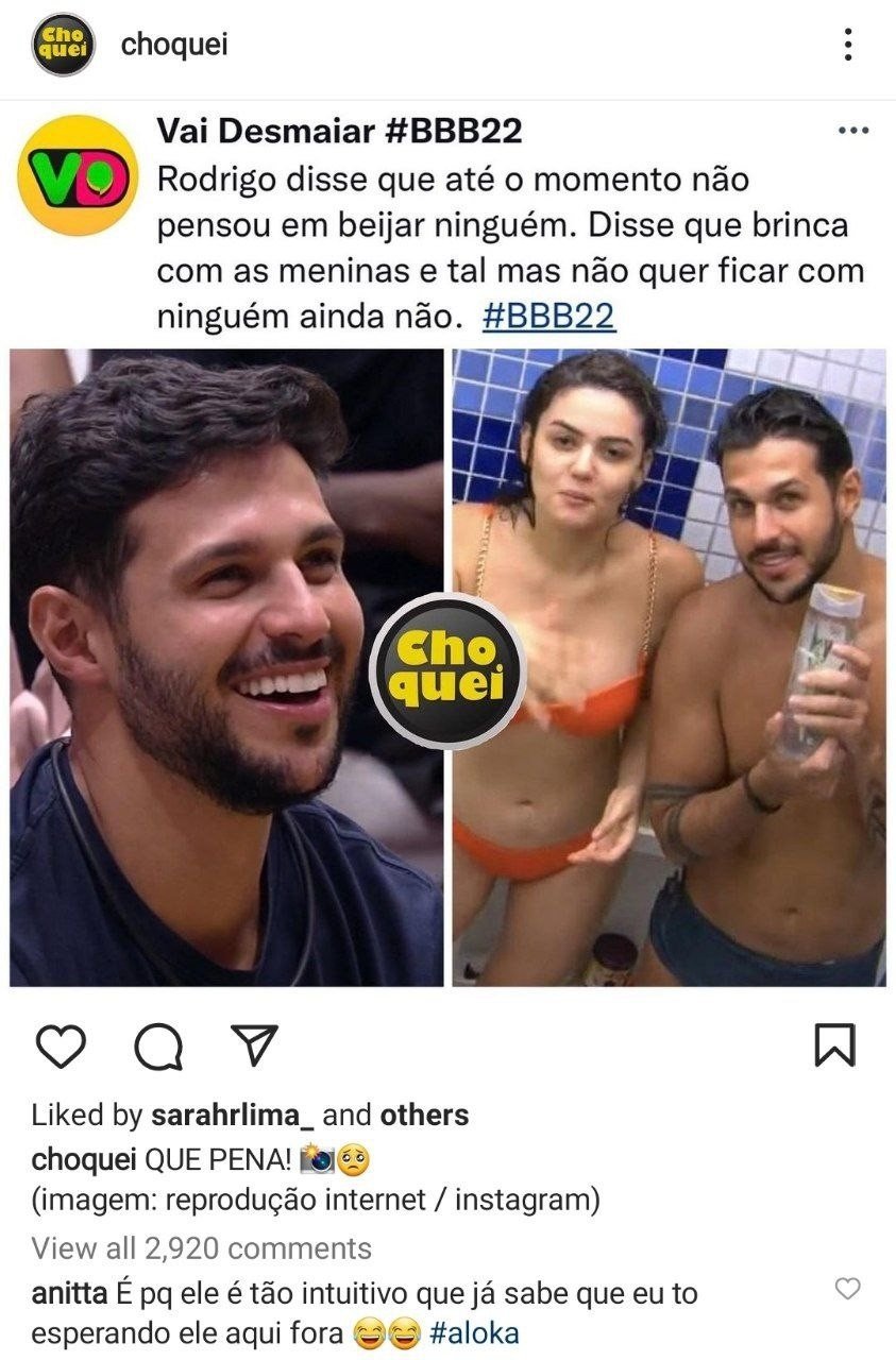 BBB22: 'Sabe que estou esperando', diz Anitta, fora do reality, sobre crush em Rodrigo 4 BBB22: 'Sabe que estou esperando', diz Anitta, fora do reality, sobre crush em Rodrigo