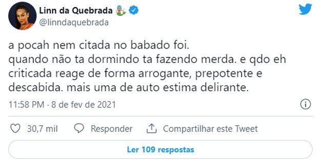 Pocah abandona torcida por Linn da Quebrada no BBB22 após ler tweets antigos: 'Papel de trouxa' 11 Pocah abandona torcida por Linn da Quebrada no BBB22 após ler tweets antigos: 'Papel de trouxa'