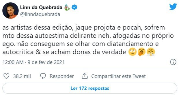 Pocah abandona torcida por Linn da Quebrada no BBB22 após ler tweets antigos: 'Papel de trouxa' 12 Pocah abandona torcida por Linn da Quebrada no BBB22 após ler tweets antigos: 'Papel de trouxa'