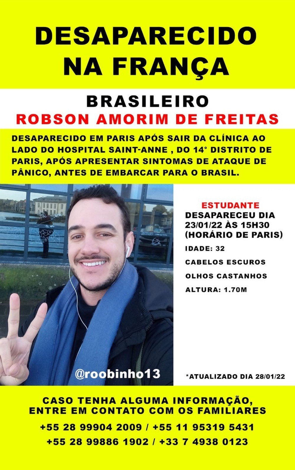 Sumiço de estudante brasileiro é confirmado por consulado; família pede ajuda