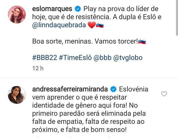 BBB22: 'Falta de respeito', diz esposa de Thammy após Eslovênia errar pronome de Linn de novo 4 BBB22: 'Falta de respeito', diz esposa de Thammy após Eslovênia errar pronome de Linn de novo