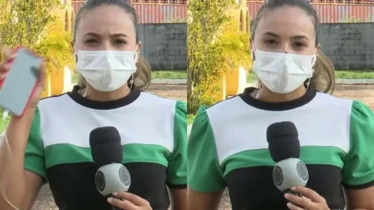 Abelha pousa em máscara de repórter durante entrada ao vivo