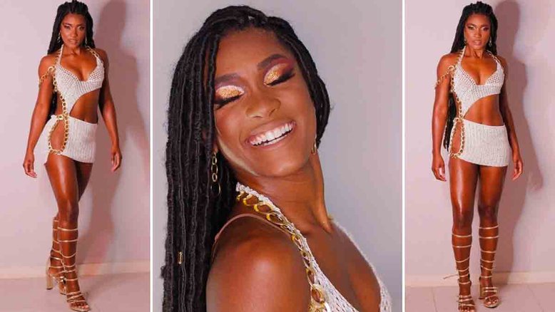 Erika Januza hipnotiza fãs com look para ensaio de escola de samba