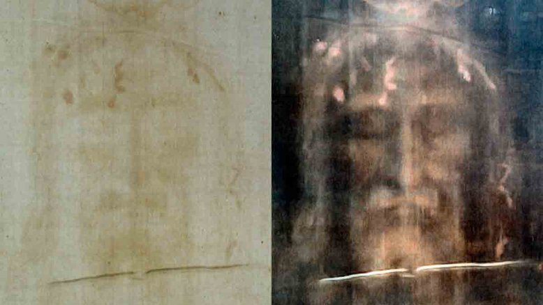 Rosto de Jesus que estaria impresso no Sudário de Turim (a imagem processada à direita é resultado da aplicação de filtros digitais). Estudos recentes sobre a peça de linho foram considerados por Pullicino para chegar a suas conclusões.
