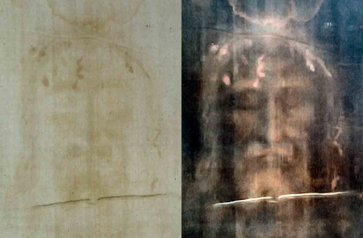 Rosto de Jesus que estaria impresso no Sudário de Turim (a imagem processada à direita é resultado da aplicação de filtros digitais). Estudos recentes sobre a peça de linho foram considerados por Pullicino para chegar a suas conclusões.