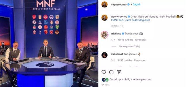 Após "cornetar" Cristiano Ronaldo, Rooney é rebatido por português: 'Invejoso' 2 Após "cornetar" Cristiano Ronaldo, Rooney é rebatido por português: 'Invejoso'