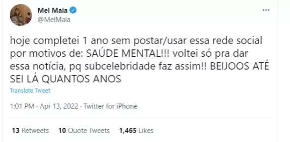 'Subcelebridade faz assim', diz Mel Maia ao voltar para Twitter e anunciar novo sumiço